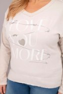 Bluzka damska Plus Size przecierana z napisem Love You More beżowa
