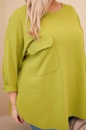 Bluzka damska Plus Size z bawełną z kieszenią i rękawem podwijanym oliwkowa