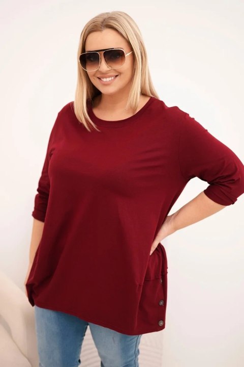 Bluzka damska Plus Size z bawełny z ozdobnymi guzikami i podwijanymi rękawami bordowa