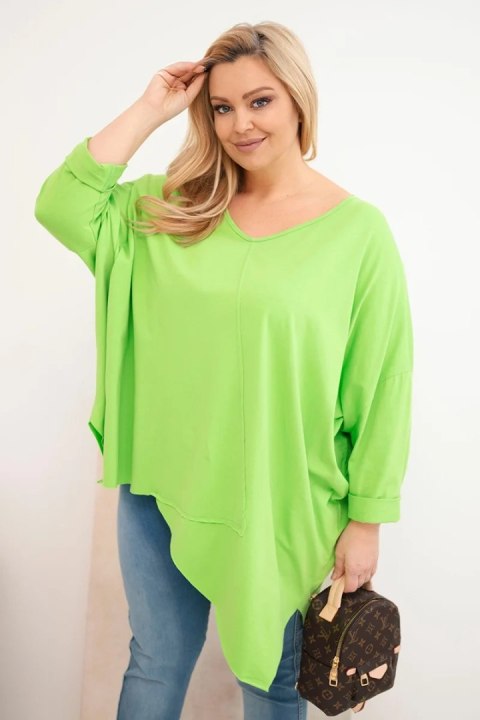 Bluzka damska bawełniana Plus Size z asymetrycznym dołem i dekoltem V jasno zielona