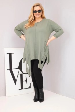 Bluzka damska bawełniana Plus Size z asymetrycznym dołem i wycięciami khaki
