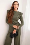 Komplet damski bawełniany z bluzką i spodniami z szeroką nogawką khaki