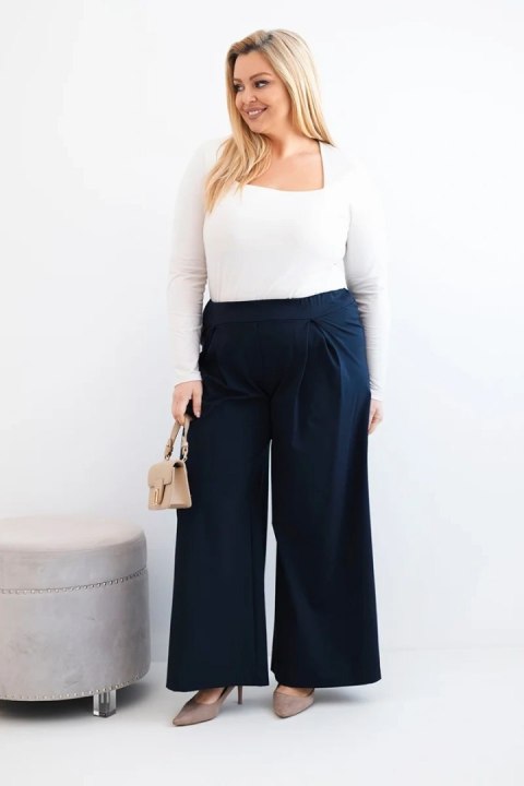 Spodnie damskie Plus Size z szerokimi nogawkami i plisowaniem granatowe