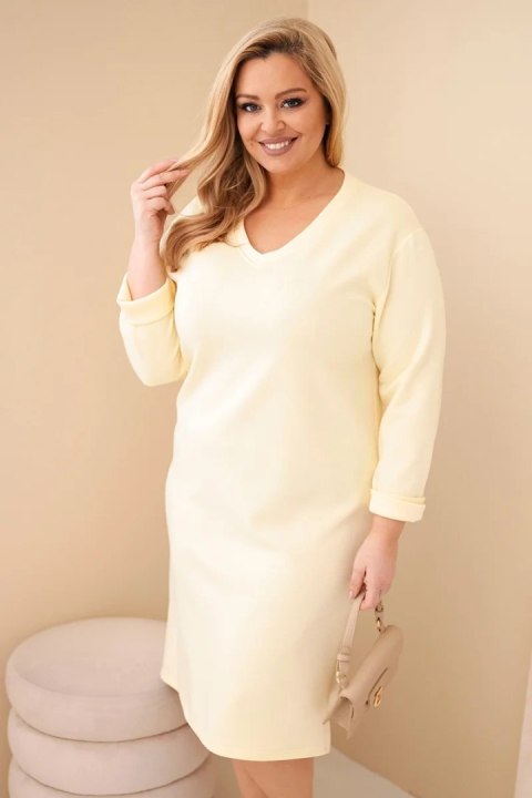 Sukienka damska Plus Size masełkowa z dekoltem V i rękawem żółta