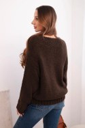 Sweter damski z domieszką wełny z dekoltem V brązowy