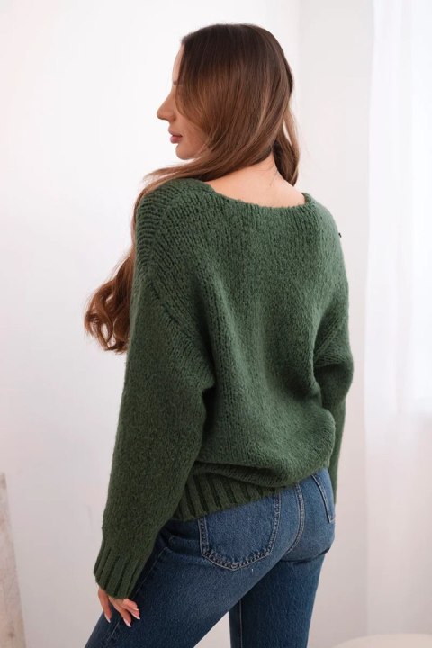 Sweter damski z domieszką wełny z dekoltem V khaki