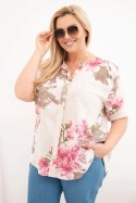 Bluzka damska bawełniana Plus Size z dekoltem V w kwiatowy wzór beżowa