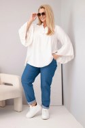 Bluzka damska wiskozowa Plus Size z falbaniastym rękawem i dekoltem V beżowa