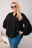 Bluzka damska wiskozowa Plus Size z falbaniastym rękawem i dekoltem V czarna