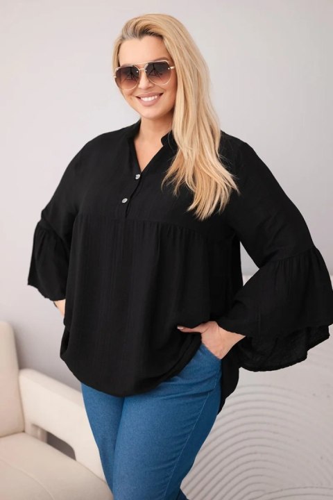 Bluzka damska wiskozowa Plus Size z falbaniastym rękawem i dekoltem V czarna