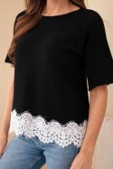 Sweter damski z krótkim rękawem i koronką czarny