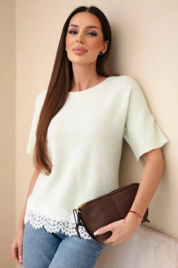 Sweter damski z krótkim rękawem i koronką miętowy