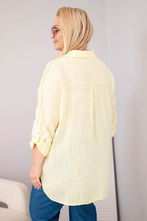 Koszula damska bawełniana Plus Size z kołnierzykiem i koronkową wstawką żółta