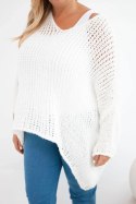Sweter damski ażurowy oversize z dekoltem V i dłuższym tyłem ecru