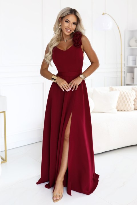 643-9 Elegancka wieczorowa suknia maxi z rozcięciem i różami - bordowa Numoco