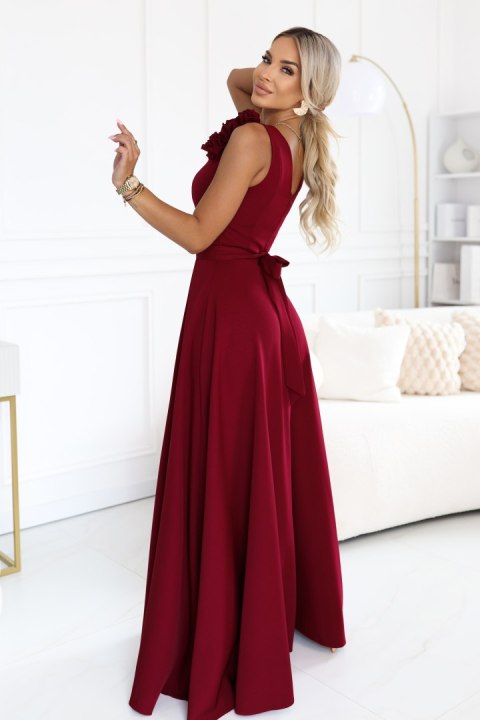 643-9 Elegancka wieczorowa suknia maxi z rozcięciem i różami - bordowa Numoco
