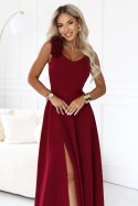 643-9 Elegancka wieczorowa suknia maxi z rozcięciem i różami - bordowa Numoco