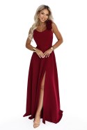 643-9 Elegancka wieczorowa suknia maxi z rozcięciem i różami - bordowa Numoco