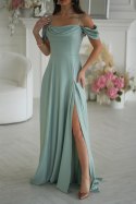 Elegancka Mietowa Sukienka Z Drapowaniem, Rozcięciem I Błyszczącą Tkaniną 330-03 - miętowy
