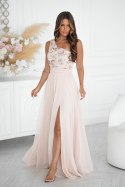 Elegancka Beżowa Sukienka Z Haftem I Zwiewnym Tiulem 332-21 - beżowy
