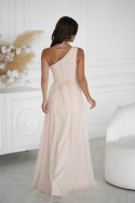 Elegancka Beżowa Sukienka Z Haftem I Zwiewnym Tiulem 332-21 - beżowy