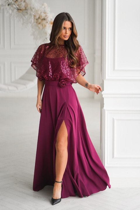 Elegancka Bordowa Sukienka Na Ramiączkach Z Cekinowym Bolerkiem 333-10 - bordowy