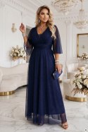654-7 Długa połyskująca sukienka plus size z dekoltem i transparentnym rękawkiem - granatowa Numoco basic