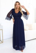 654-7 Długa połyskująca sukienka plus size z dekoltem i transparentnym rękawkiem - granatowa Numoco basic