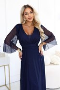 654-7 Długa połyskująca sukienka plus size z dekoltem i transparentnym rękawkiem - granatowa Numoco basic