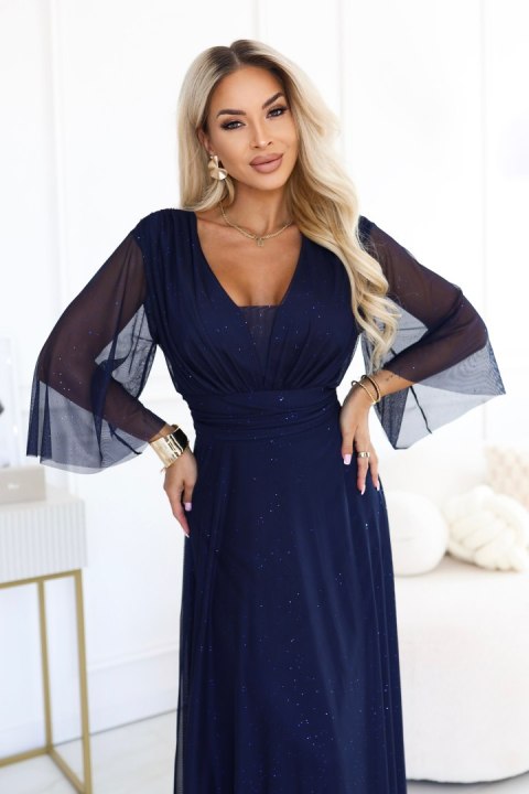 654-7 Długa połyskująca sukienka plus size z dekoltem i transparentnym rękawkiem - granatowa Numoco basic