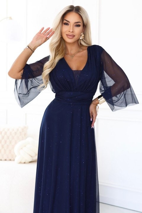 654-7 Długa połyskująca sukienka plus size z dekoltem i transparentnym rękawkiem - granatowa Numoco basic