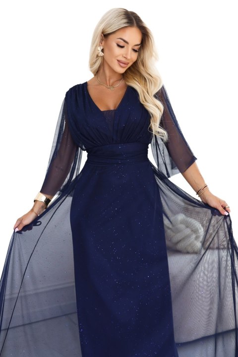 654-7 Długa połyskująca sukienka plus size z dekoltem i transparentnym rękawkiem - granatowa Numoco basic
