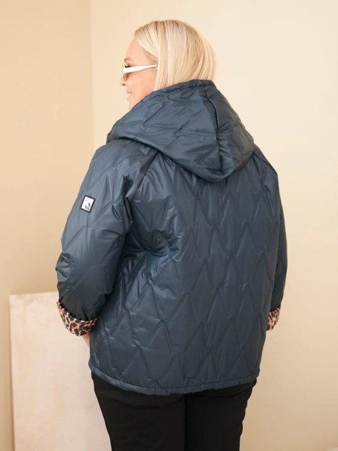 Kurtka damska Plus Size z kapturem i panterkowym wykończeniem granatowa