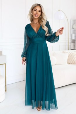 684-2 NERISSA elegancka tiulowa sukienka maxi z kopertowym dekoltem - zieleń morska Numoco basic