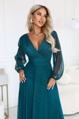 684-2 NERISSA elegancka tiulowa sukienka maxi z kopertowym dekoltem - zieleń morska Numoco basic