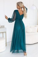 684-2 NERISSA elegancka tiulowa sukienka maxi z kopertowym dekoltem - zieleń morska Numoco basic