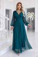 684-2 NERISSA elegancka tiulowa sukienka maxi z kopertowym dekoltem - zieleń morska Numoco basic