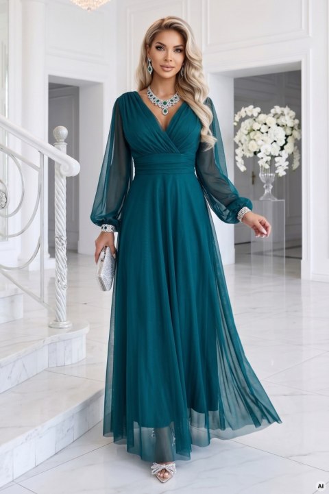684-2 NERISSA elegancka tiulowa sukienka maxi z kopertowym dekoltem - zieleń morska Numoco basic