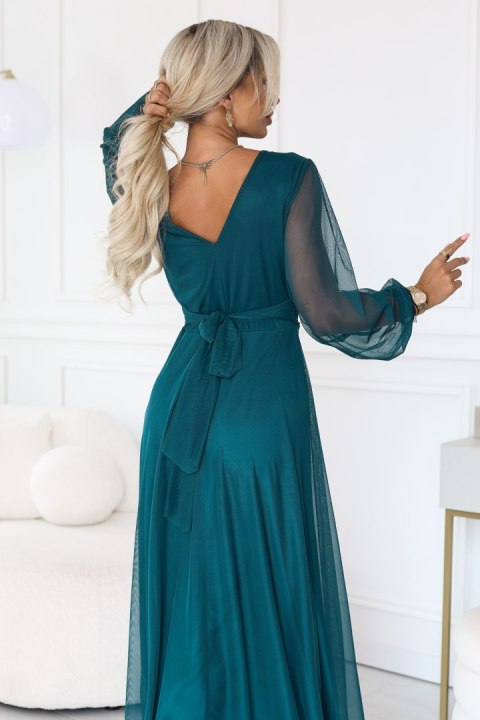 684-2 NERISSA elegancka tiulowa sukienka maxi z kopertowym dekoltem - zieleń morska Numoco basic