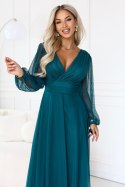 684-2 NERISSA elegancka tiulowa sukienka maxi z kopertowym dekoltem - zieleń morska Numoco basic