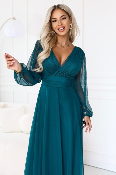 684-2 NERISSA elegancka tiulowa sukienka maxi z kopertowym dekoltem - zieleń morska Numoco basic