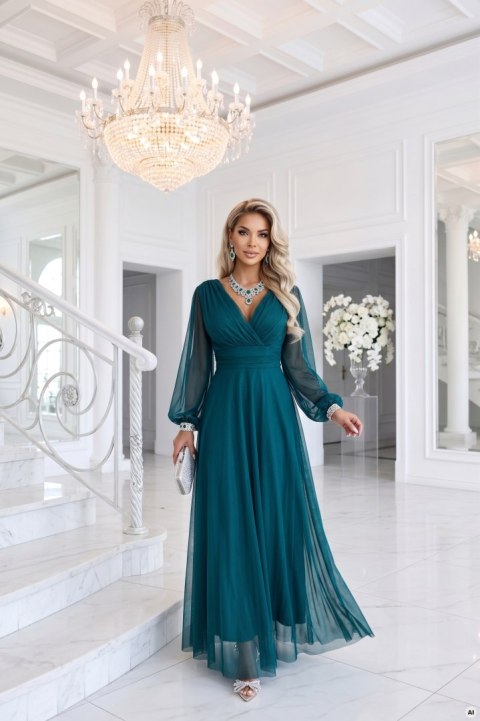 684-2 NERISSA elegancka tiulowa sukienka maxi z kopertowym dekoltem - zieleń morska Numoco basic