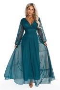 684-2 NERISSA elegancka tiulowa sukienka maxi z kopertowym dekoltem - zieleń morska Numoco basic