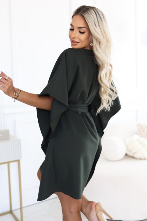 287-46 SOFIA Kobieca sukienka typu motyl z wiązaniem w pasie - ciemny khaki Numoco