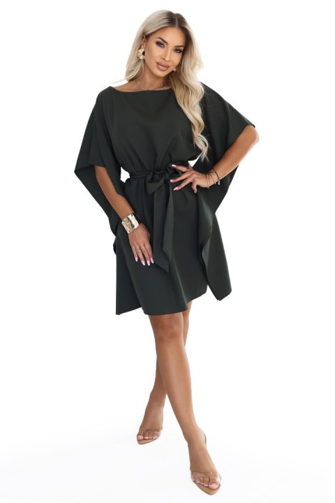 287-46 SOFIA Kobieca sukienka typu motyl z wiązaniem w pasie - ciemny khaki Numoco