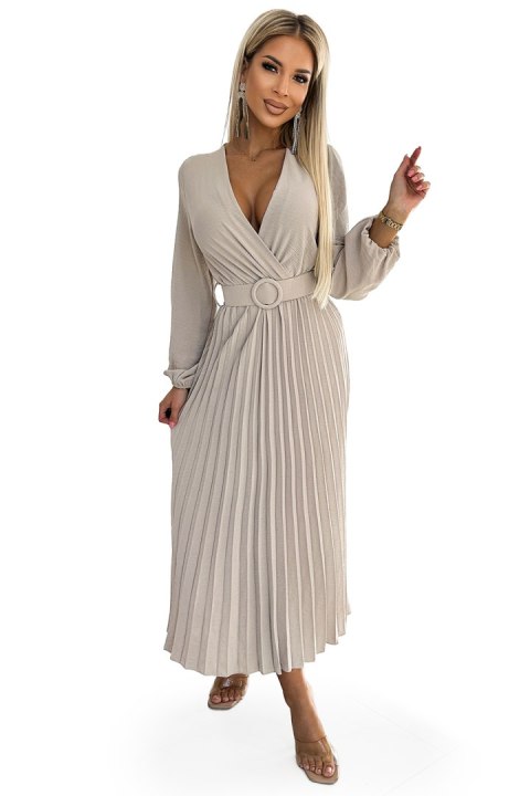 504-2 VIVIANA Plisowana sukienka midi z dekoltem, długim rękawkiem i szerokim paskiem - BEŻOWA Numoco basic