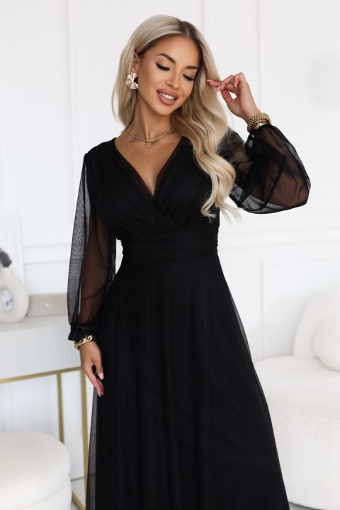 684-4 NERISSA elegancka tiulowa sukienka maxi z kopertowym dekoltem - czarna Numoco basic