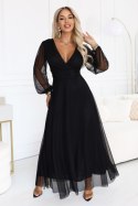 684-4 NERISSA elegancka tiulowa sukienka maxi z kopertowym dekoltem - czarna Numoco basic