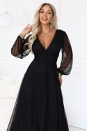684-4 NERISSA elegancka tiulowa sukienka maxi z kopertowym dekoltem - czarna Numoco basic