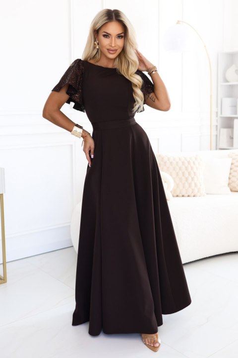 694-2 MIRELLA Elegancka rozkloszowana sukienka maxi z cekinowymi rękawami - czekoladowy brąz Numoco